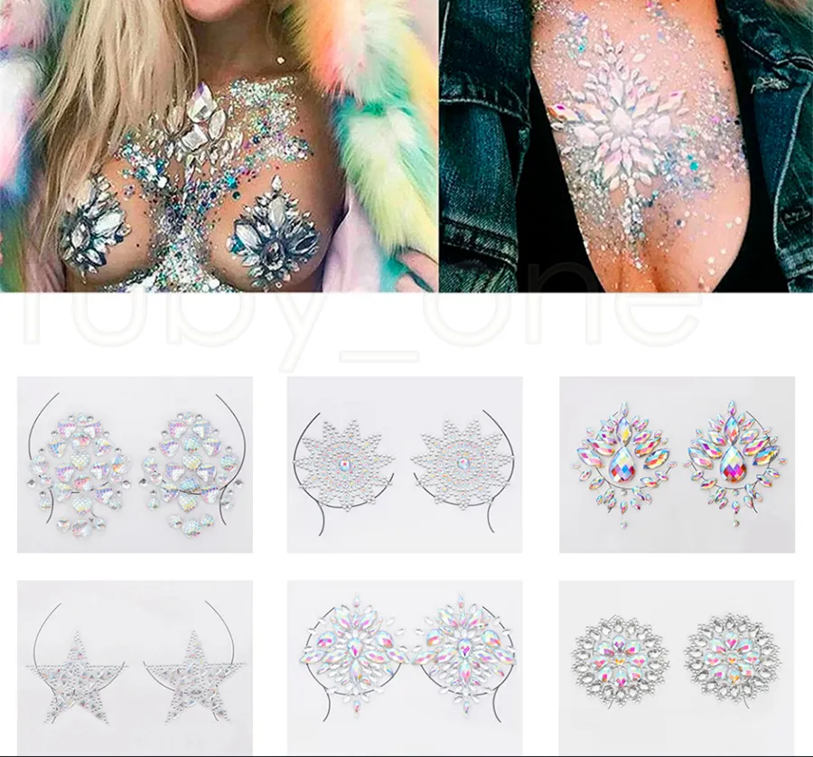 Adesivo diamantato Gemme appiccicose Adesivo Trucco Viso Boob Gioiello di cristallo Gemme del festival Adesivi trucco feste strumenti di body art 14 stili