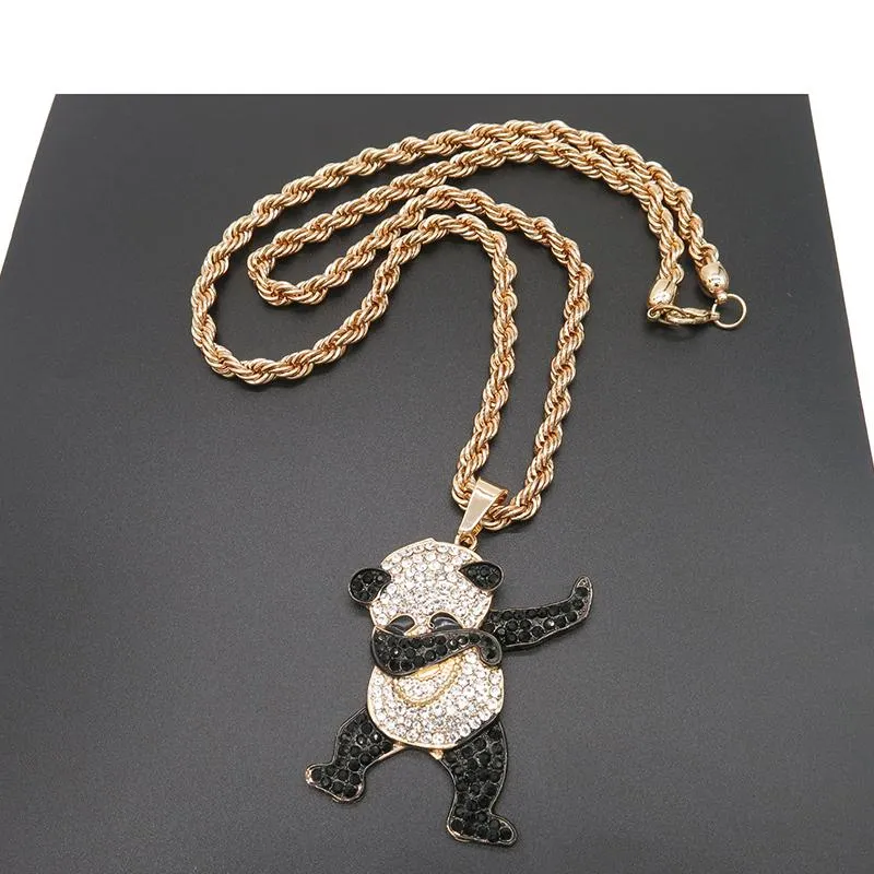 Hänge halsband guld färg strass lyxig hip hop dans rolig djur panda is ut sten för mens smycken gåvor1266h