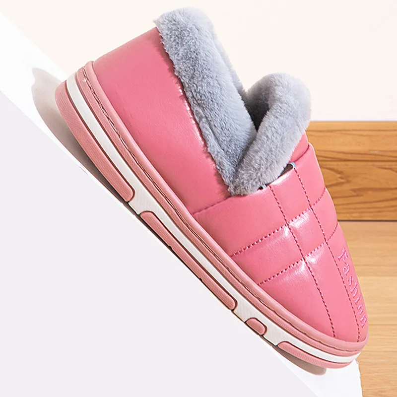 Pantofole invernali in pelle di cotone Pantofola da donna con piattaforma interni Pantofole morbide antiscivolo casa calda Scivoli pavimenti Scarpe in cotone esterni