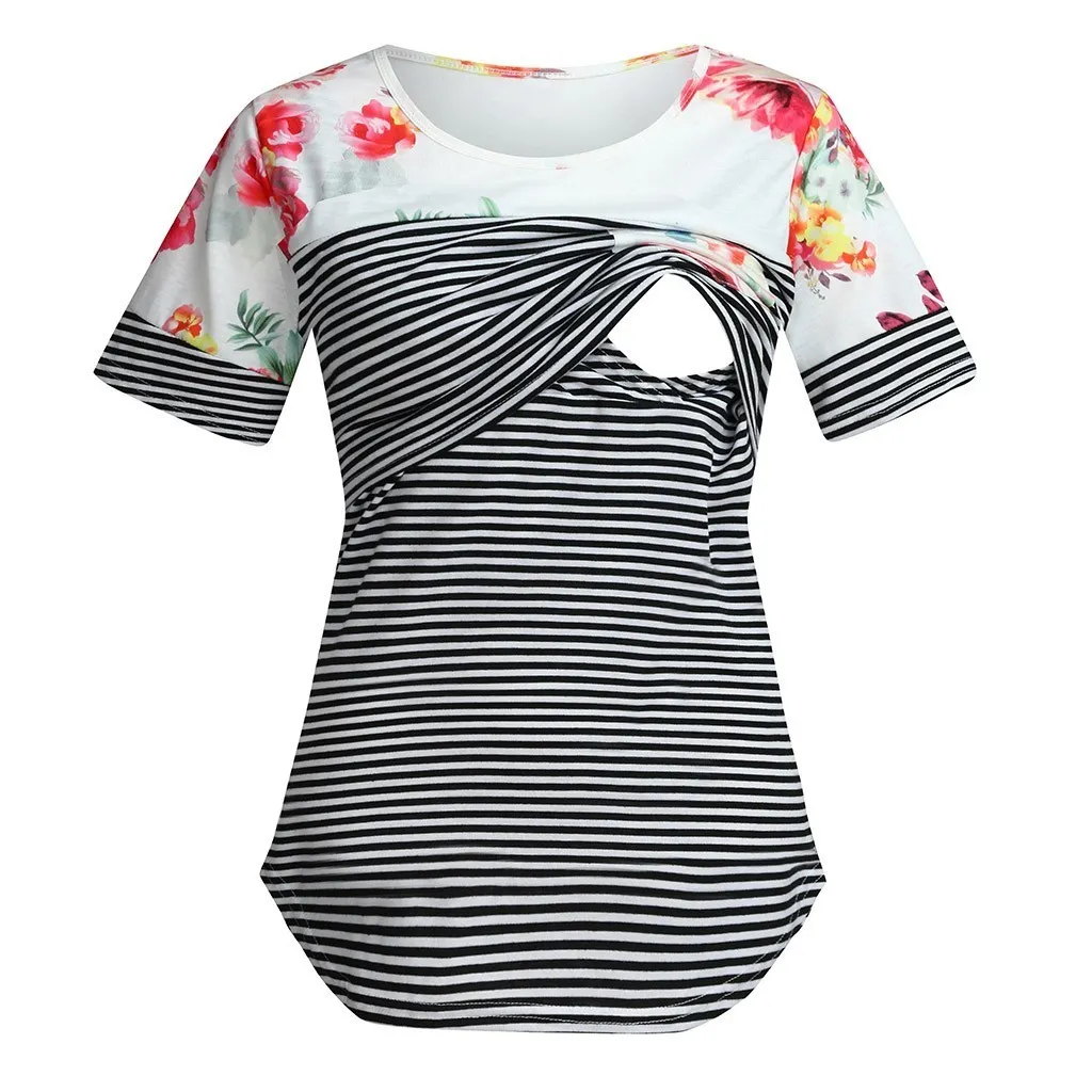 2020 Été Femmes Grossesse Vêtements de maternité T-shirt d'allaitement Stripe Floral Manches courtes Casual Loose Nursing Tee Tops LJ201114
