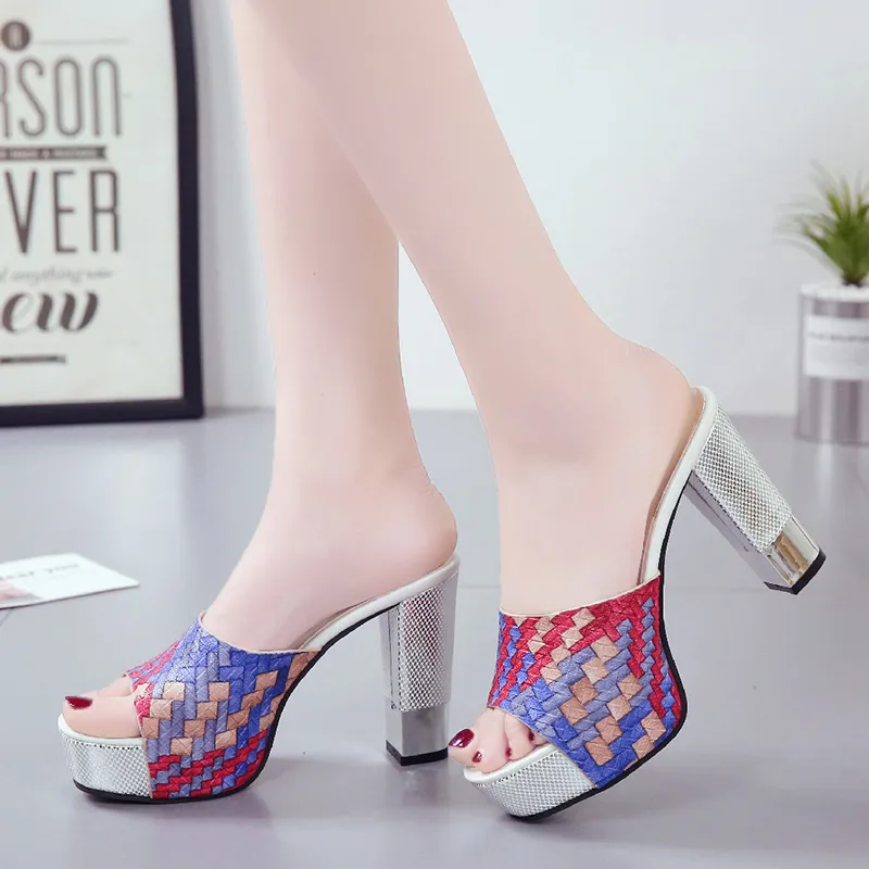 Ever Women Summer Slippers Fashion Sexy Super Square High Heels Peep Toe Party Buty Sandały platformowe Y200423