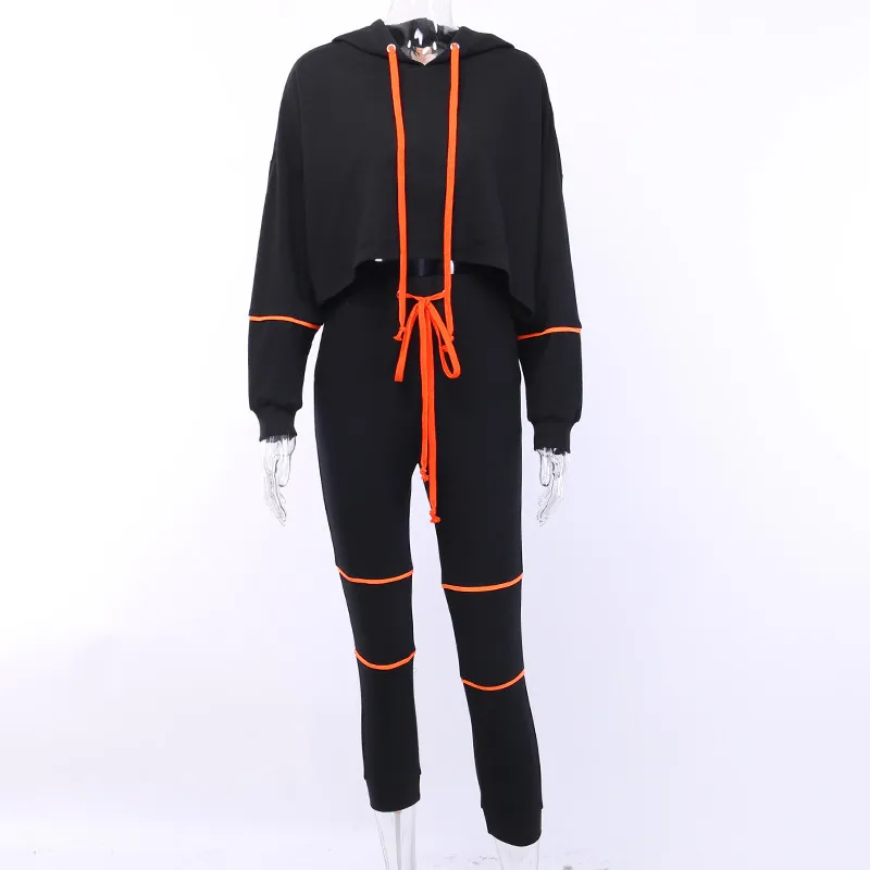 OMSJ Zweiteiliges Set Crop Top mit Kapuze und Hose Sweatsuits für Frauen Schwarz Orange Cool Herbst Trainingsanzug Femme Urlaub Outfits T200630