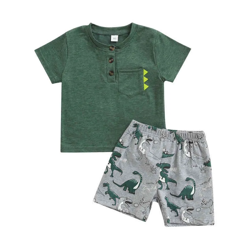 Toddler Baby Kid Ragazzi Vestiti Set T-shirt con bottoni a maniche corte Pantaloncini di dinosauro Estate Bambini Cosutmes Abiti D35 G220310