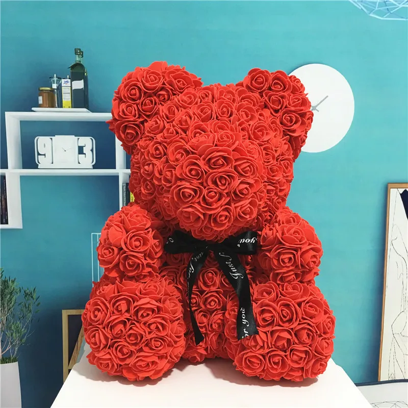 Drop Shipping 40cm Mignon Rose Fleur Ours En Peluche Ours En Mousse De Mariage Décorations Pour La Maison Anniversaire Saint Valentin D Cadeau Amour Ours Poupées T200103