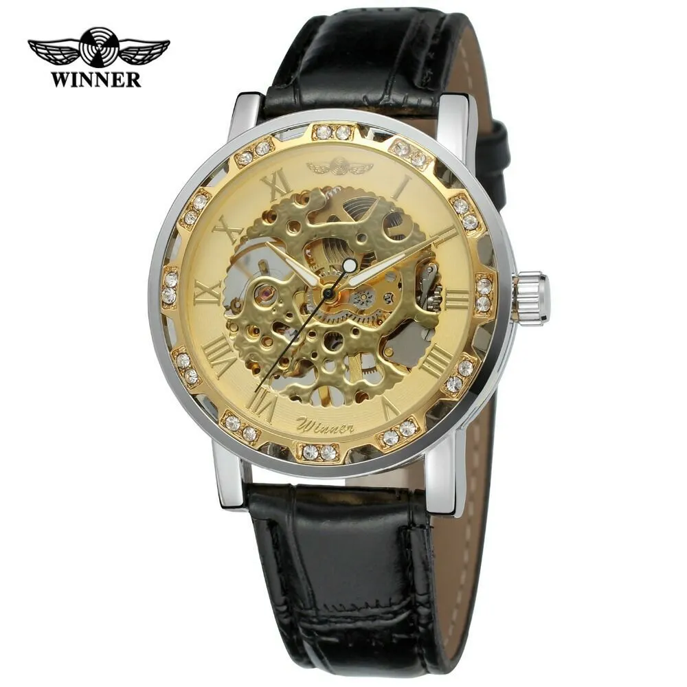 Vincitore Vincitore Moda uomo Casual Classico Strass Orologio meccanico manuale completamente vuoto Orologio da polso con cintura in pelle da uomo