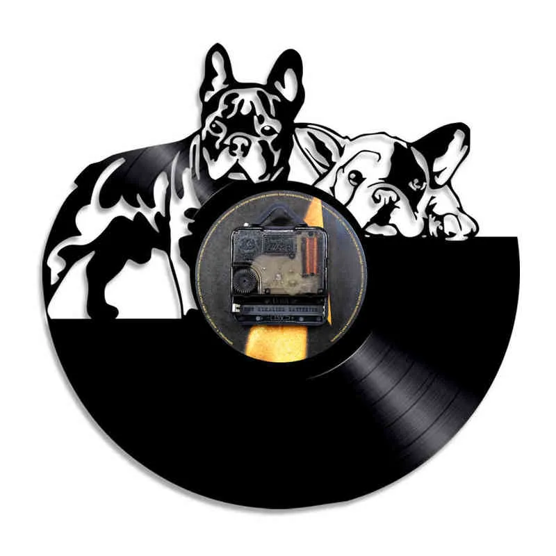 フレンチブルドッグビニールレコードの壁掛け時計モダンなデザイン動物ペットショップの装飾子犬の壁掛けのレリーゴーデパーテブルドッグ恋人ギフトH1230