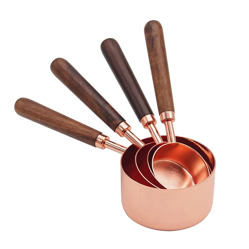 Amazon hot selling Stainless Steel Measuring Cups And Spoons Set With Walnut Handle For Measuring Baking Set Of 8 Rose Gold