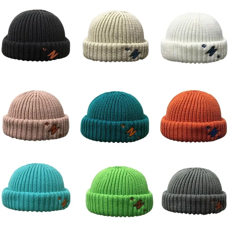 Unisex Winter Knitted Beanie Hat Neon Candy Color Letter Embroidery Cuffed Brimless Hip Hop Landlord Docker Skull Cap2716