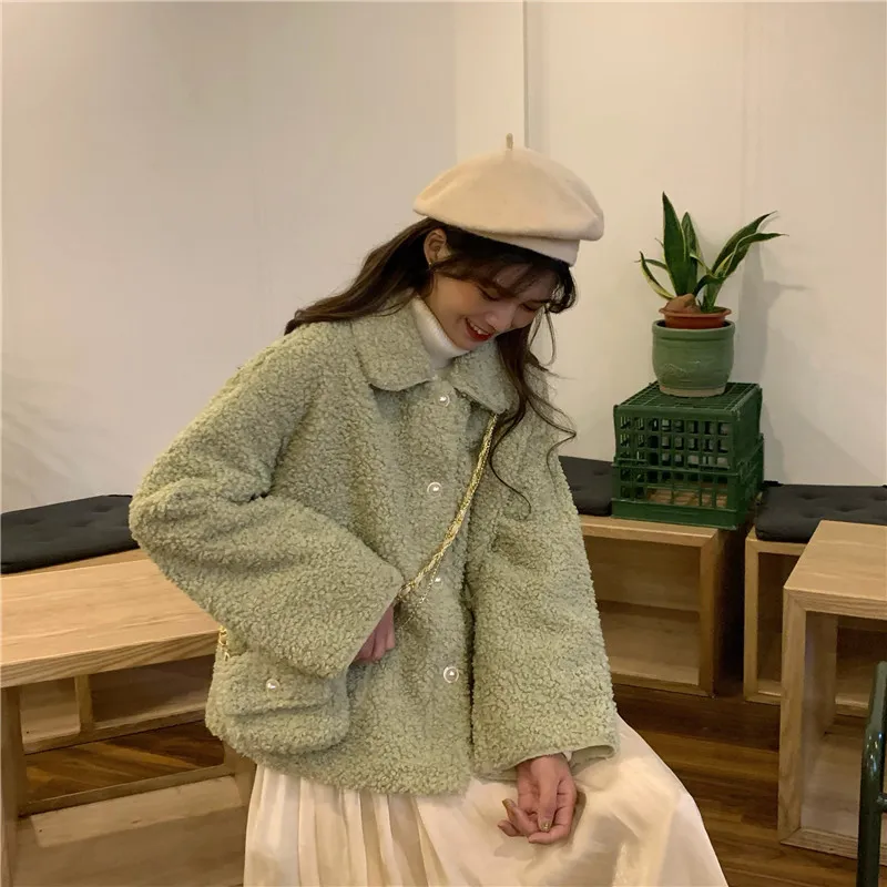 Retro lapel singlebreasted lamb wool coat women autumn and winter new loose jacket women 201019