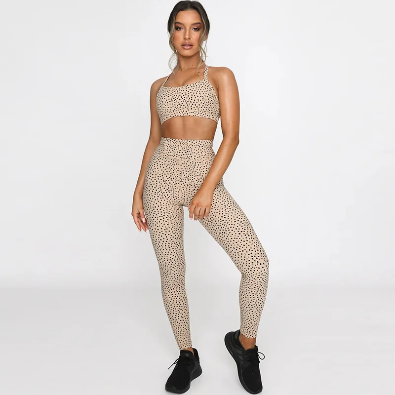 Kobiety Joga Garnitur Tight Sports Fitness Leopard Drukuj Garnitur Seksowny Zestaw Gym Working Running Crop Top Legginsy Dres