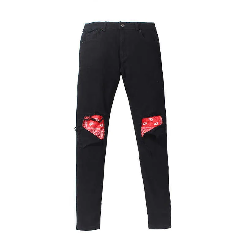 Mäns jeans tvättade hålkatt skägg lapptäcke cashewnöt lila röda amoeba jeans smala fit mikro elastiska jeans2637