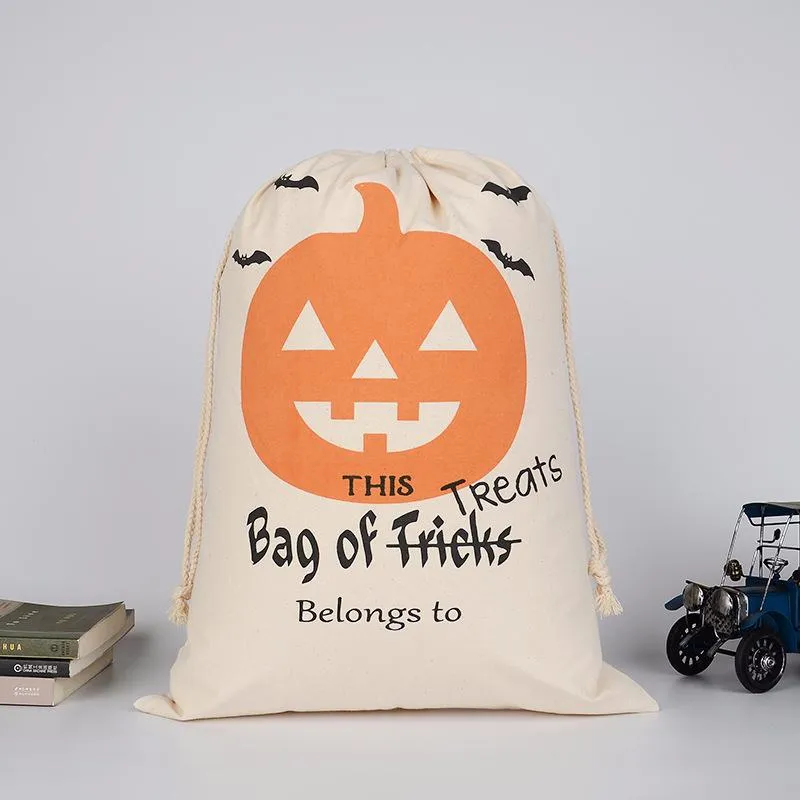 Halloween Candy Gift Bag Drawstring Canvas Storage Bags Bat Spider Pumpkin Print Organizer Halloween Sack Pocket Party Supply
