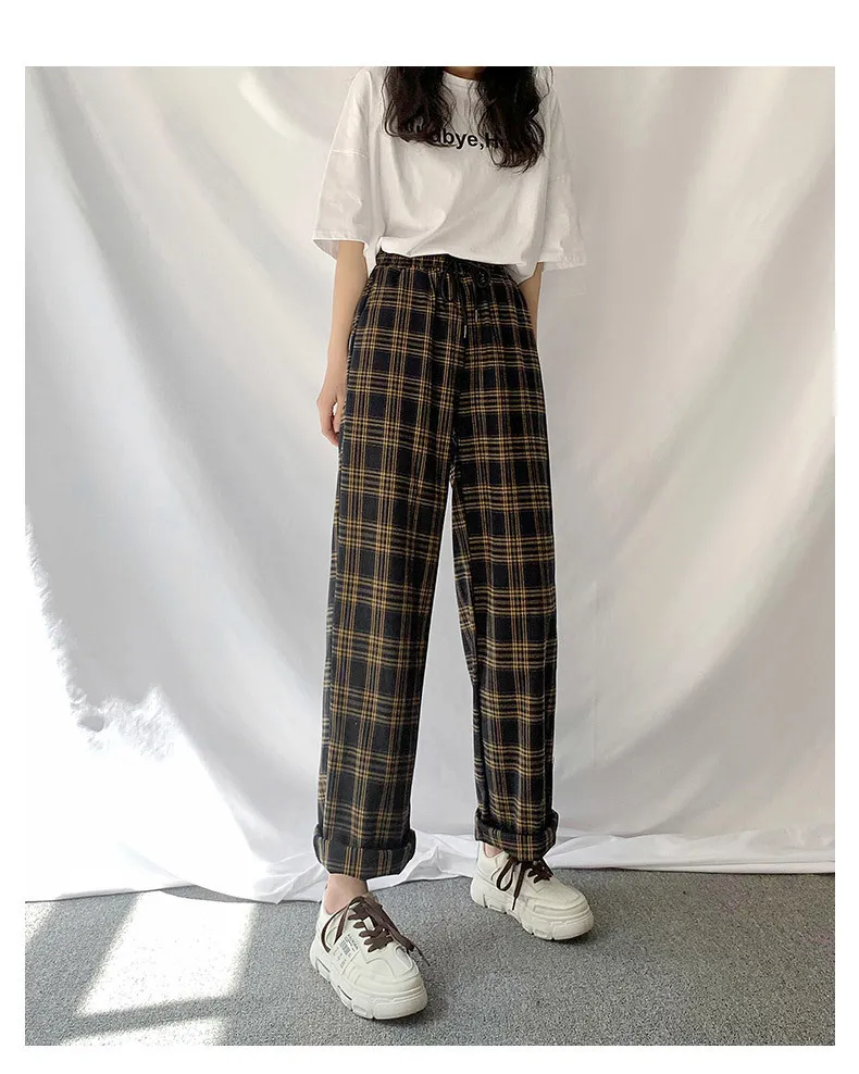 Woherb Vintage Plaid Hosen Frauen Neue Harajuku Knöchel Länge Breite Bein Hosen Koreanische Streetwear Mädchen Hosen Pantalon Femme T200617
