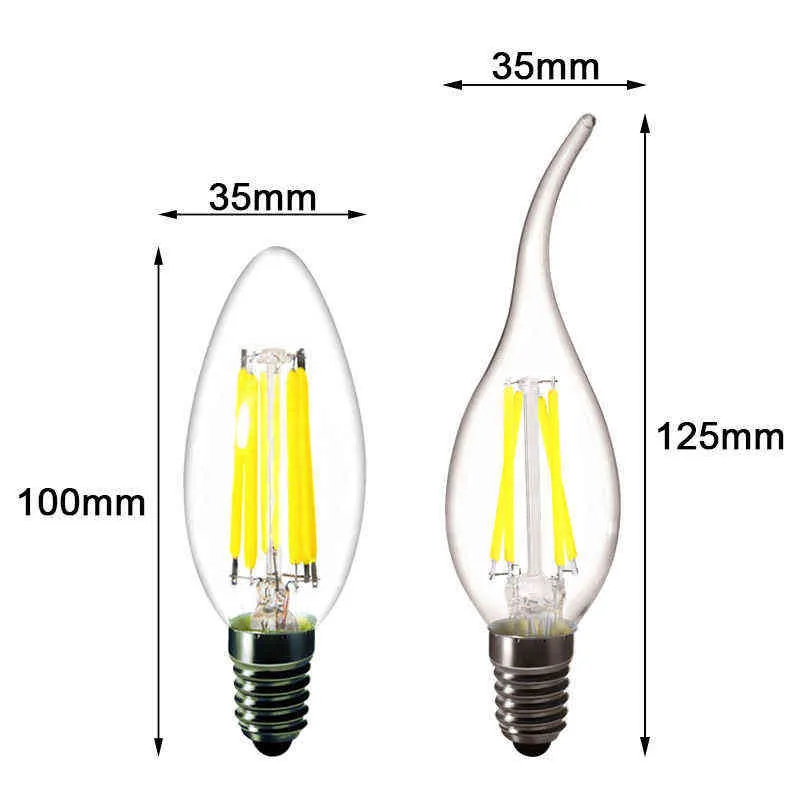 10 шт. Светодиодная лампочка C35 E14 E12 E27 220V 110V Dimmable 2W 4W 6W Дизайн энергосберегающие Свеча Теплая белая нить Свет 360 градусов Лампа H1222