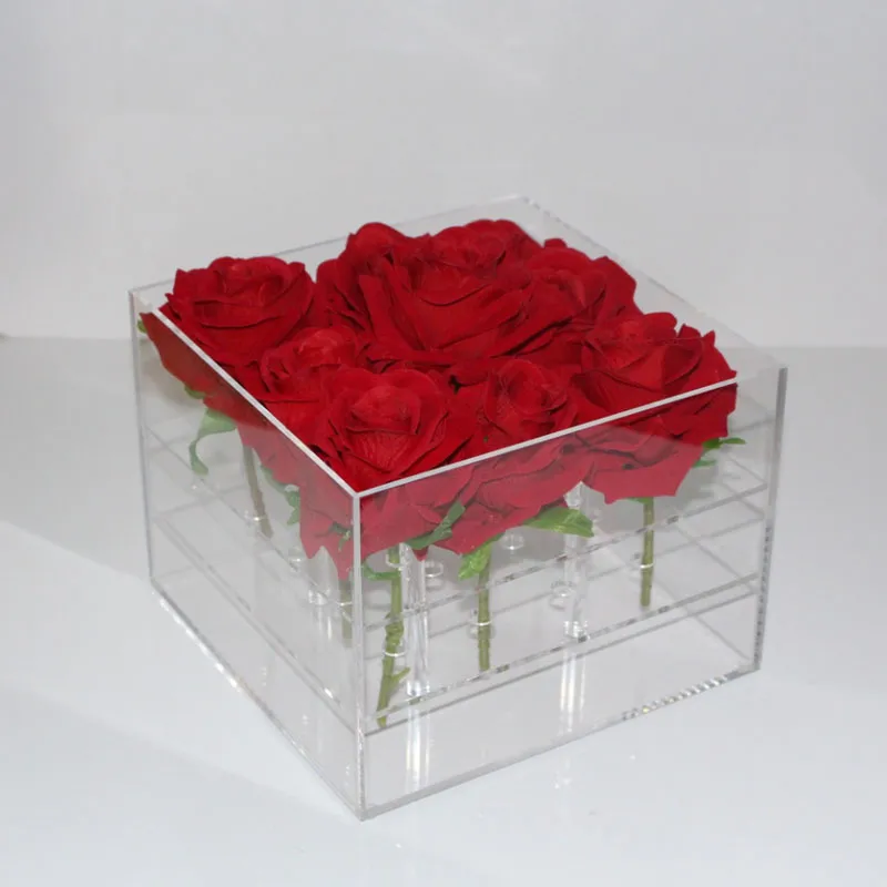 Wholesale Acrylic Rose Flower Display Storage Box Makeup Organizer Cosmetic Holder Flower Gift Box Case With Cover LJ200818