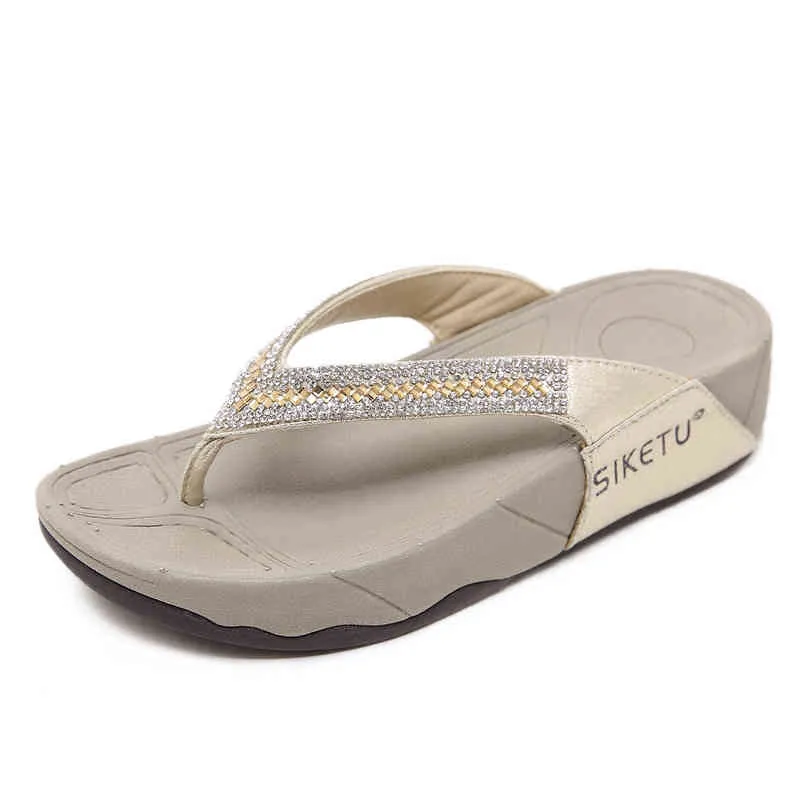 Chanclas de verano para mujer, sandalias informales con cuña para mujer, planas con diamantes de imitación para zapatos de talla grande 220302