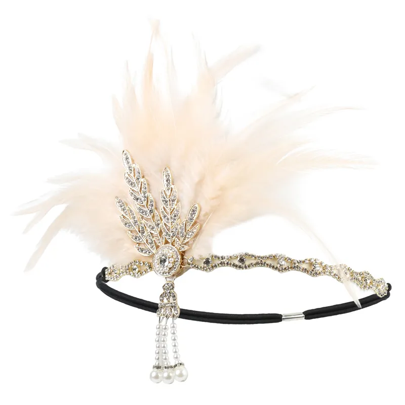 1920S Flapper bandeau en plumes Headpiece Roaring 20s Great Gatsby Inspired Leaf Medallion Pearl Femmes Accessoires 220224846524047419