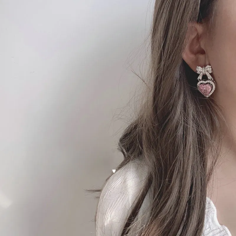القلب Ruby Bowknot Clip-on Screw Back Earrings AAA Pink Zircon Ear Studs Diamonds Pave Jewelries266Q