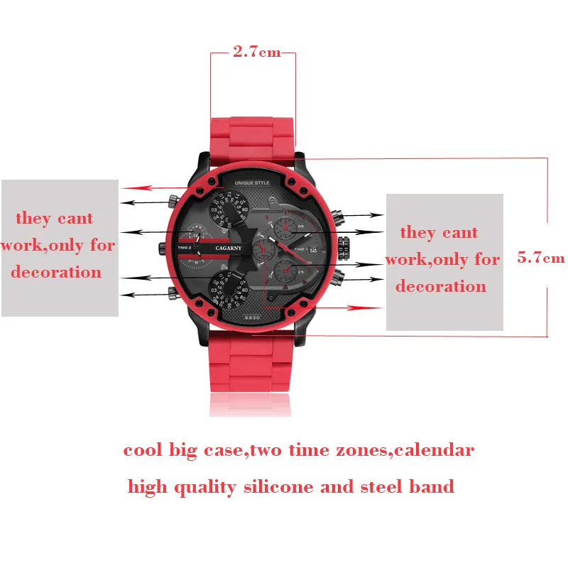 top luxury brand cagarny analog quartz watch for men two time zones auto date cool big case military watches red silicone band sports men