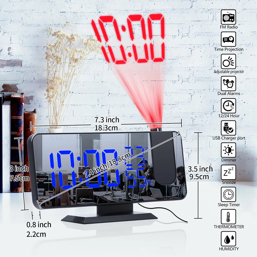 3 Färg LED Digital väckarklocka Radioprojektion med temperatur och fuktighet spegel klocka multifunktionell sängtidsdisplay 201120