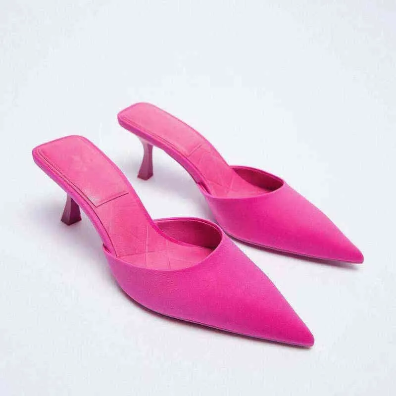 Dress Shoes Female Slippers Soft Platform Women Heels Pointed Toe Med Mules Sexy Comfort Summer High Square heel Basic Fabric PU 220222