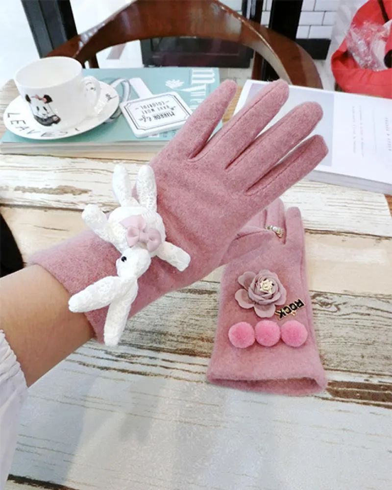 Five Fingers Gloves Black Camellia Cashmere And Korean Fashion Houndstooth Mink Hair Cute Flowers Warm Touch Screen Women301B