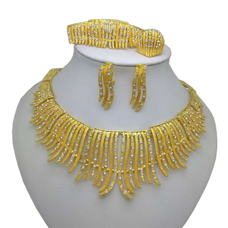 Neue afrikanische Goldfarbe Big Halskette Armband Ohrring Ring Sets Nigerian Hochzeit Schmuck Set für Partyzubehör 201222265h