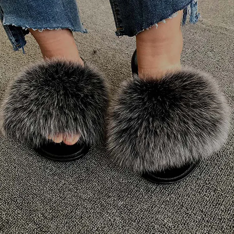 Plush Slipper Raccoon Fur Fluffy Slides House Shoes Ladies Fashion Real Fur Furry Bedroom Slippers Outdoor VT1417 Y201026