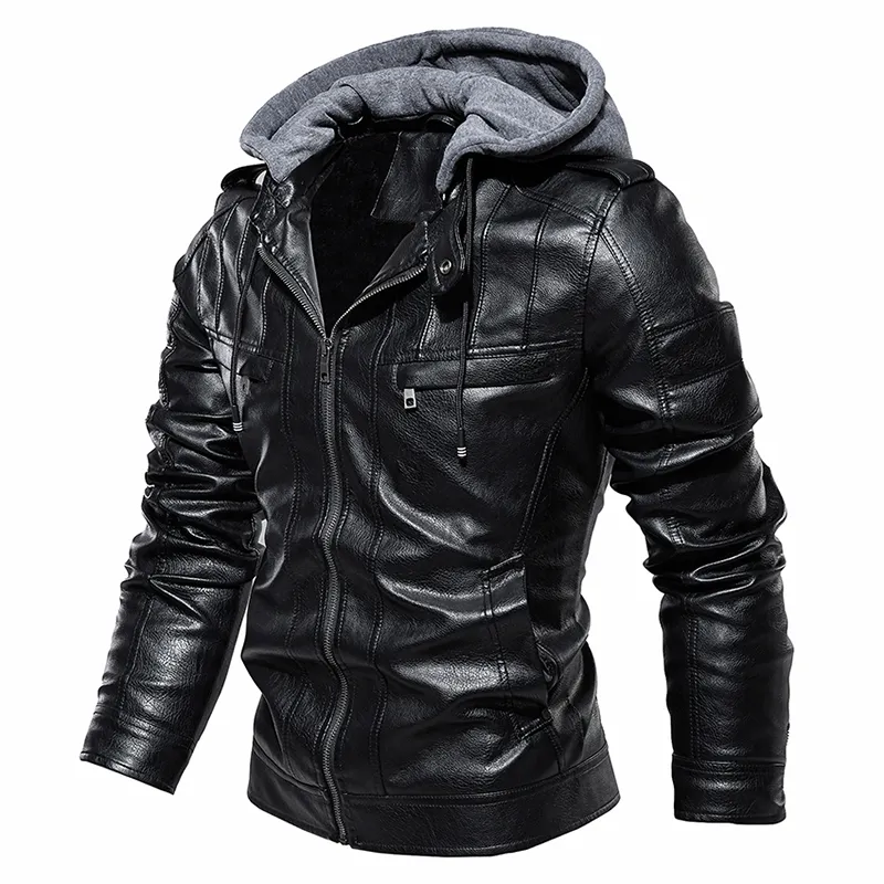 Mens Fashion Vintage Läderjacka dragkedja Huven Casual Coat Men Winter Slim Motorcykeljacka Märke Klädförbindelse 201104