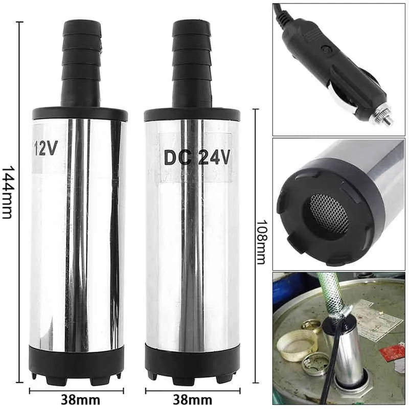 DC 12V 24V 38mm bärbar mini elektrisk nedsänkbar passform för dieselvattenoljeöverföring Aluminiumlegeringsfatpumpbränsle