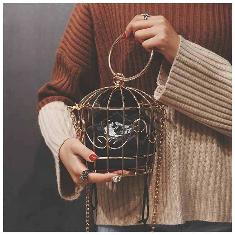 TekiEssica Design da donna Birdcage Pochette da sera Struttura in metallo Ricamo Secchiello Mini borsa Borsa da donna Borsa nappa oro Q1113