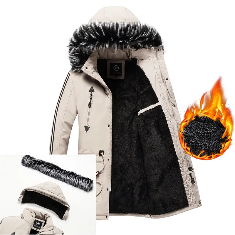 Spessore caldo inverno giacca da uomo foderato in pile con cappuccio Parka giacca da uomo collo di pelliccia cappotto Veste Dhiver Hommes giacca lunga cappotto 201114