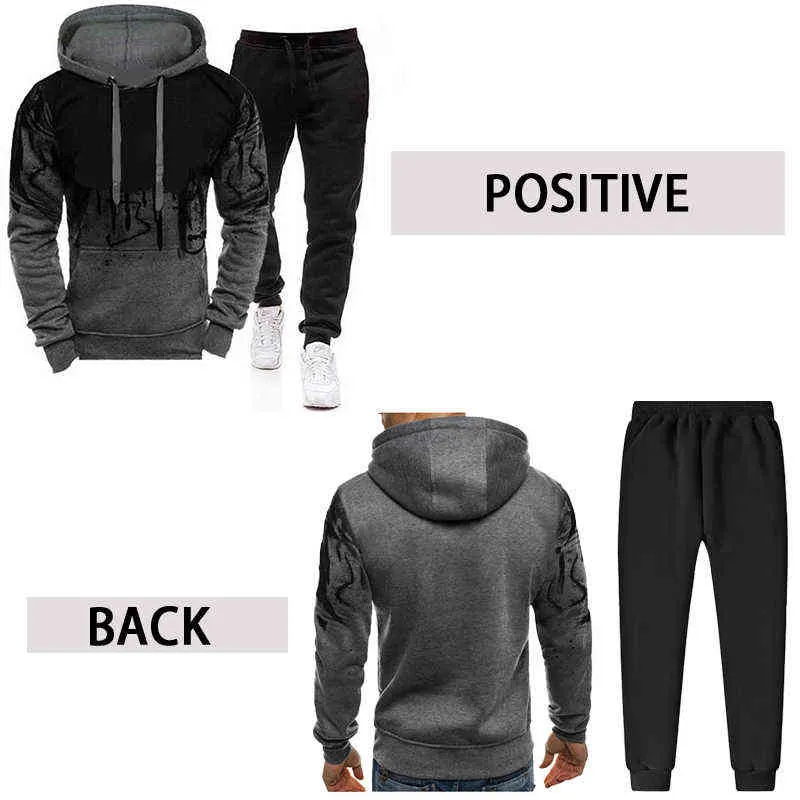 Zestawy dresu męskiego jesień zimowa bluza z kapturem 2 sztuka pulower sportswear rozpryskiwania mężczyźni moda odzież plus rozmiar 211220