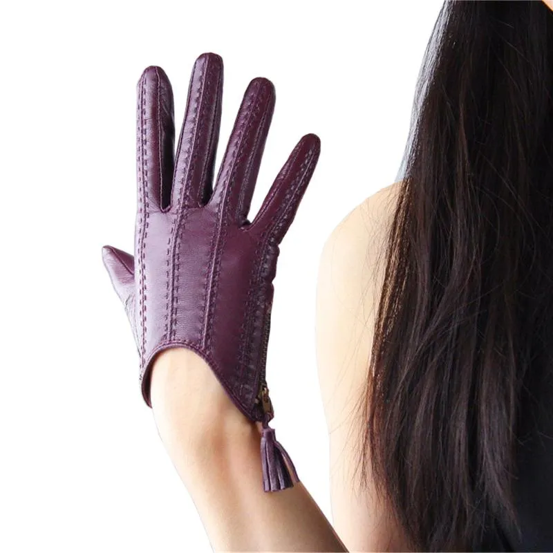 Guanti touch screen vera pelle cuoio puro importato di capra importato con cerniera corta stile scuro viola femmina function280v