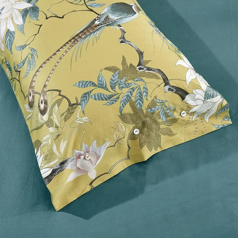 Gul silkeslen egyptisk bomull chinoiserie stil fåglar växtdäck täcke sängkläder monterad plåt set kung queen size sängkläder set 201210