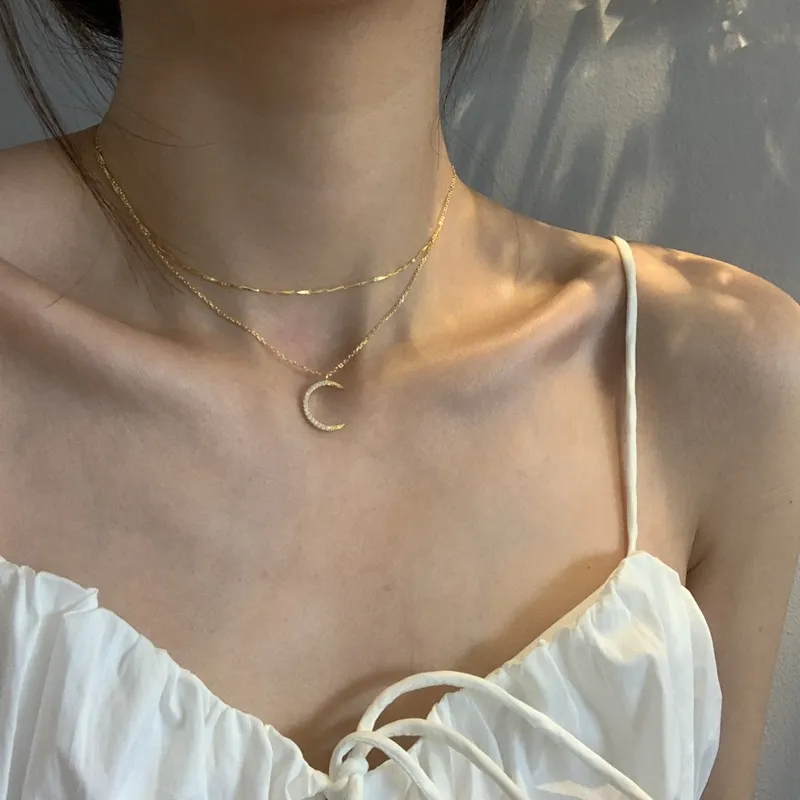 Louleur real 925 prata esterlina lua colar elegante dupla camada corrente de ouro colar para mulheres moda luxo jóias finas 09260w