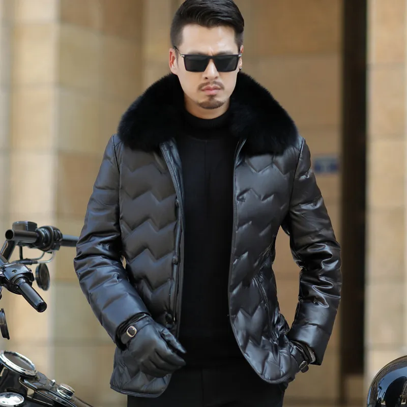 Winter Jacket Mens Leather Jacket fo Fur Collar Business Solid duck down Mens Faux Fur Coats Plus Size M-4XL 201128