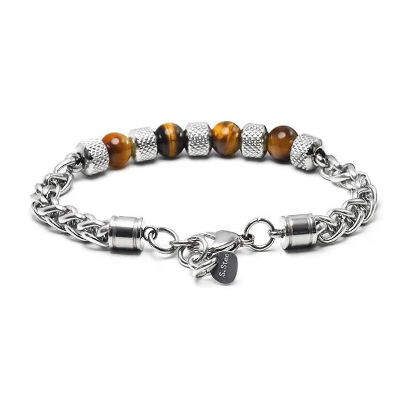 Stainless steel tiger eye beads bracelets natural stone bracelet for men hip hop fashion jewelry will and sandy