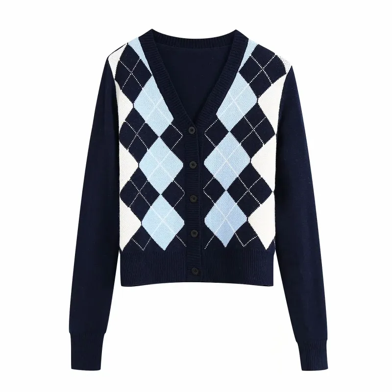 2020 vrouwen Engeland stijl argyle contrast kleuren vesten vintage single breasted v nek truien vrouwelijke chique jumpers lj200818