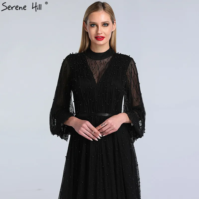 Perles de pêche noire A-ligne robes de soirée 2020 dernière conception manches longues robes de soirée sexy Serene Hill Plus Size LJ201125
