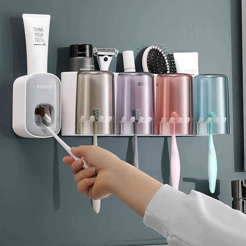 ECOCO Badezimmerzubehör Automatischer Zahnpasta-Quetschspender Punch Home Zahnbürstenhalter-Set Wandhalterung Aufbewahrungsregal 22342N