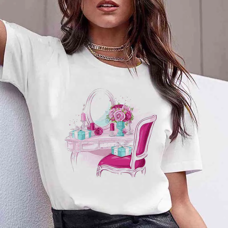 Camiseta de verano para mujer, camiseta de algodón con botella de Perfume de marca de flores, bolsa estética, camiseta estampada, pintalabios, tacones altos, camisetas de calle G220310