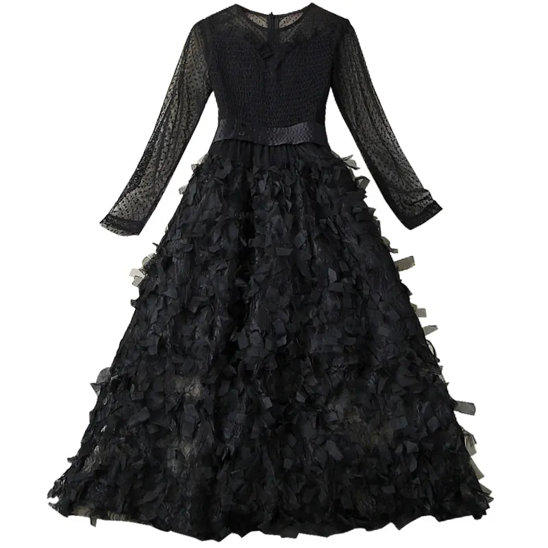 2021 lente lange mouw ronde hals zwart pure kleur tule lameled knoppen mid-kalf jurk elegante casual jurken LJ07T11761