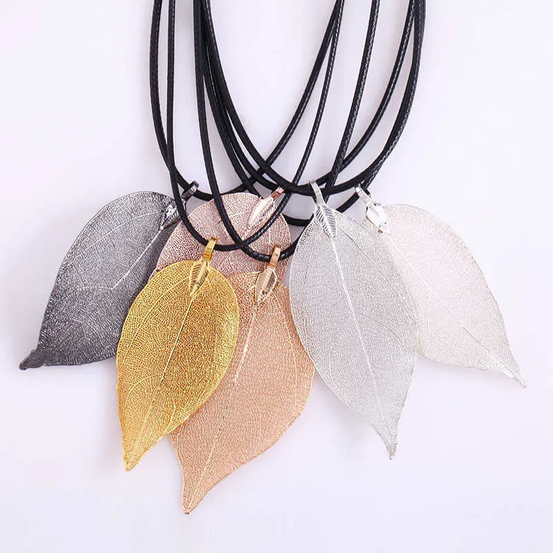 Naturliga Real Leaf doppade långa bladhängen Halsband för kvinnor Guldpläterad Handgjorda DIY Stray Leaves Halsband