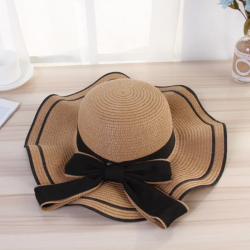 Heißer Sommer Strohhut Frauen Große Breite Krempe Strand Hut Panama Damen Kappe Outdoor Sonnenblende Hut Weibliche Sommer Caps chapeu feminino 201027