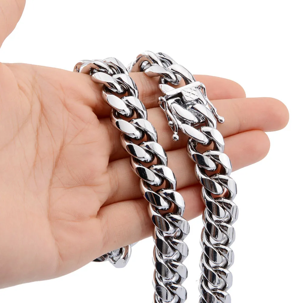 2023 Rostfritt stålsmycken 18K Guldpläterad högpolerad Miami Cuban Link Halsband Men Punk 15mm Curb Chain Double Safety Clasp 212U