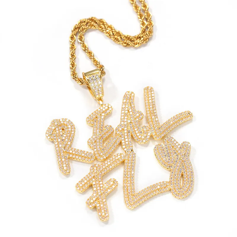 Solid Back Custom Letters Name Halsband Pendant Charm för män Kvinnor Guld Silver Color Cubic Zirconia With Rope Chain Gifts275p