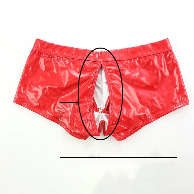 AIIOU Sexy Gay Underwear Open Butt Mens Faux Leather Boxershorts Wet Look Underpants Open Crotch Pouch Male Panties Gay Cueca LJ201110