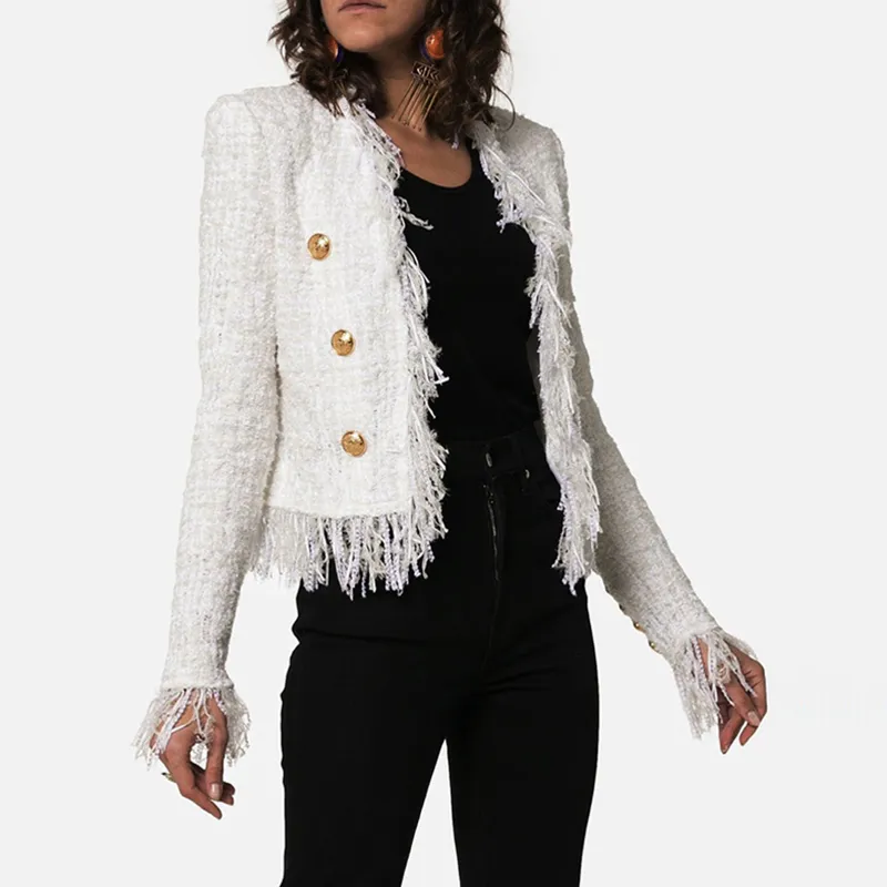 White Tweed Jacket suits Women New Autumn Winter woolen Cloth Fringed Tassel Long Sleeve Office Ladies Womens Jackets Coat 200930