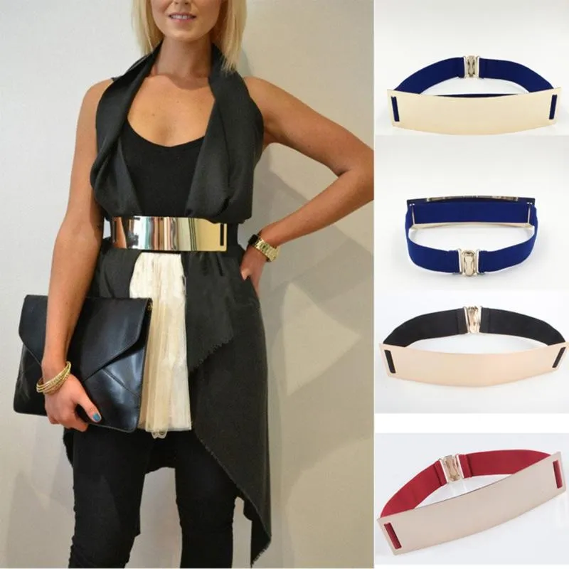 nueva moda sexy mujeres espejo elástico cinturón de metal cintura cuero plato metálico de color bling accesorio de ropa de fiesta de cinturón ancho 321Q